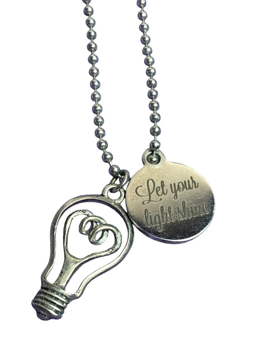 Vintage 90s Silvertone Charm Necklace Let Your Light Shine Light Bulb Ball Chain